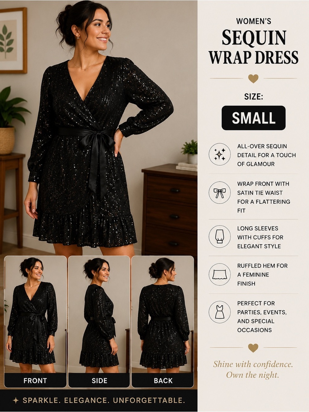 LC Lauren Conrad Black Sequin Wrap Dress Pit 16”
Waist 28”
Length 34”